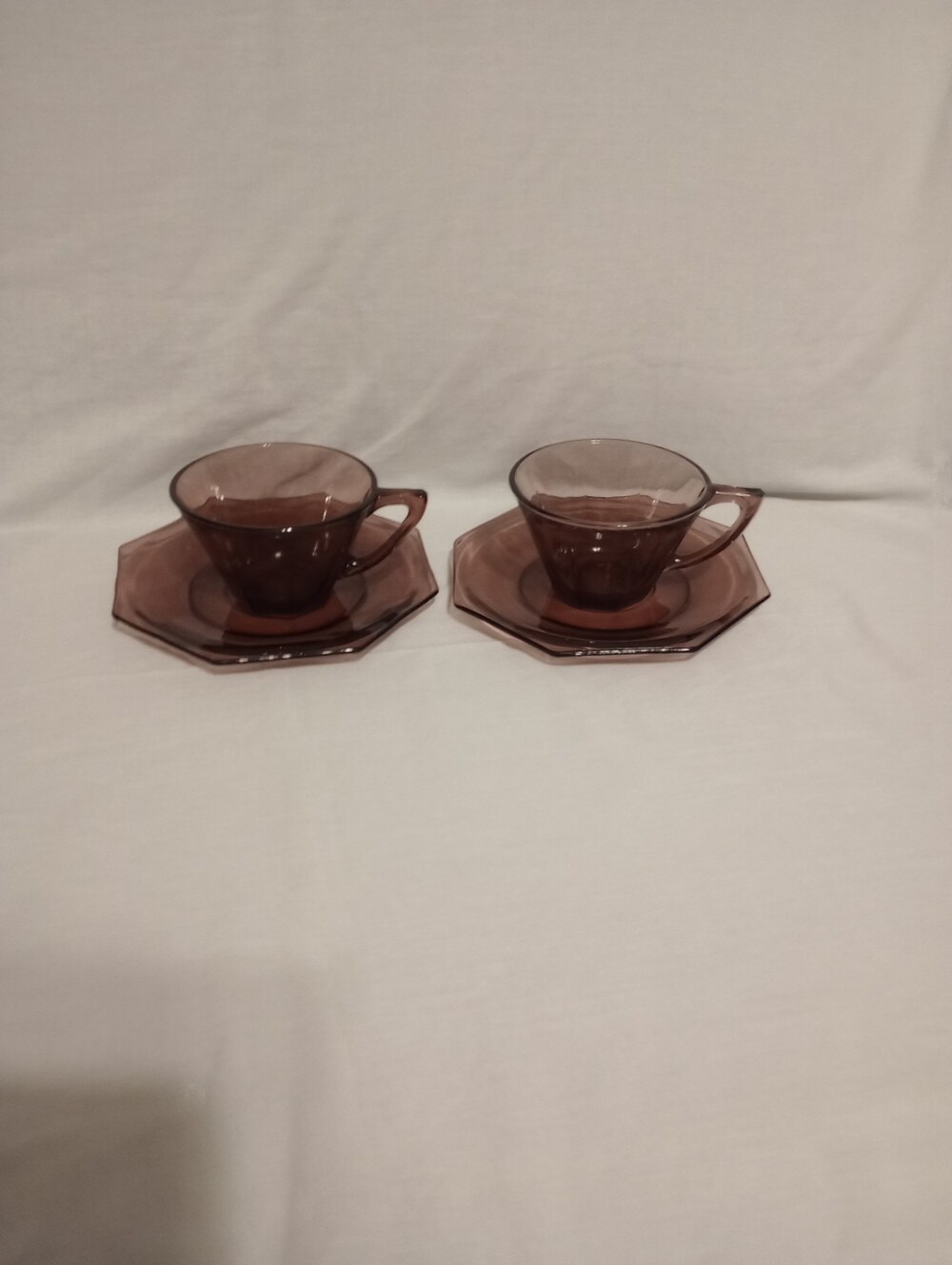 Hazel Atlas Moroccan Amethyst Octagonal Glass Cup & Saucer Sets-Set Of 2